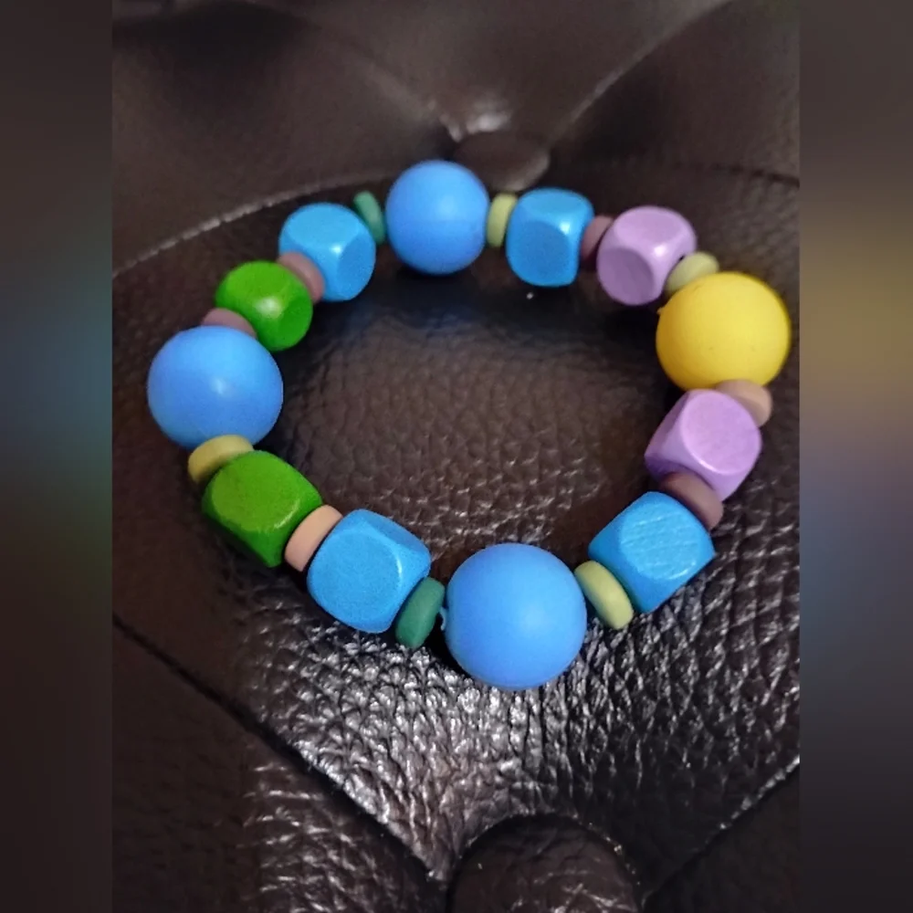 Colorful Wooden & Silicone Beaded Kids Bracelet On Double Stretchy Strings